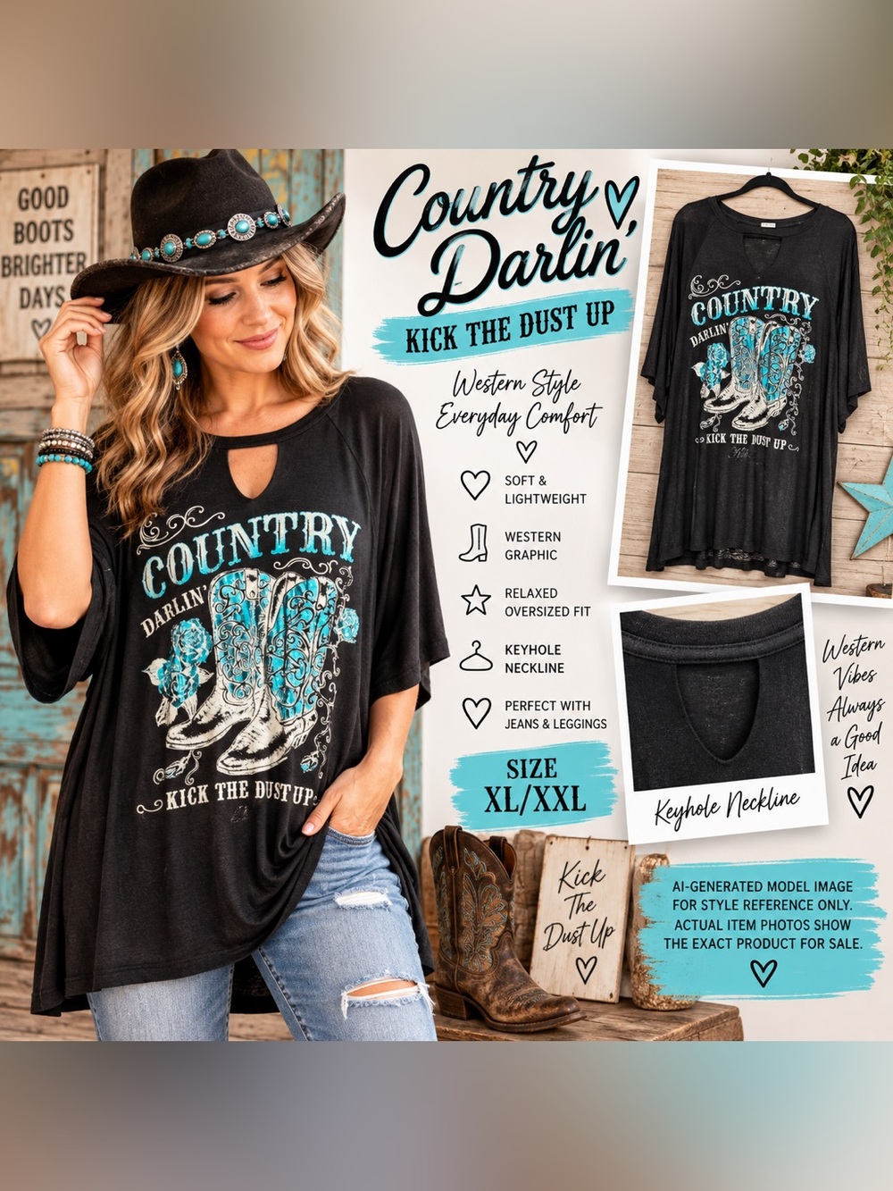 COUNTRY DARLIN’ WESTERN BOOTS TUNIC TOP • XL/XXL